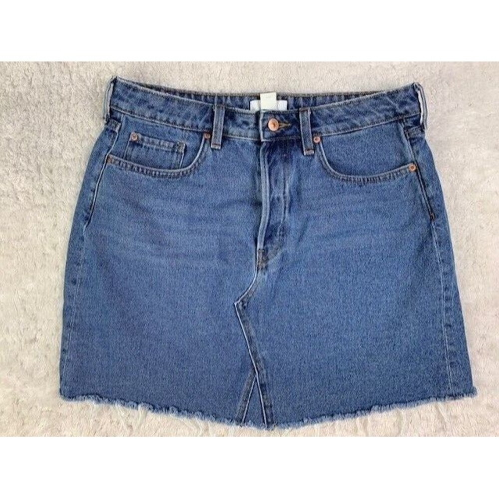 H&M Size 12 Womens Skirt Denim Jeans Med Wash Raw Hem Cotton